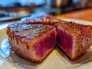 Close-up of two thick, perfectly seared tuna steak pieces showing a vibrant pink rare center, seasoned with pepper.