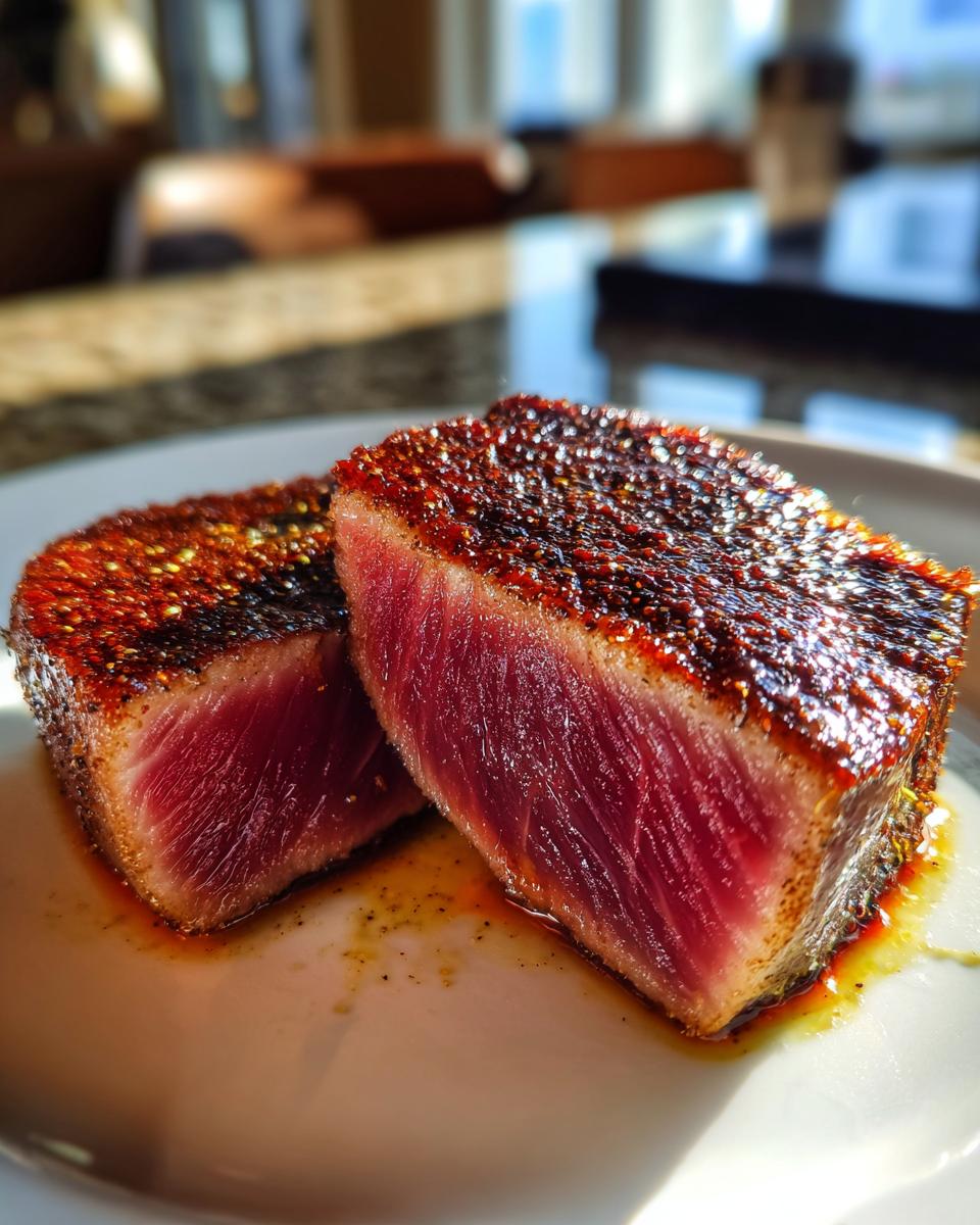 Two thick slices of seared tuna steak, rare in the center, showing the rich red interior and dark crust from the MARINADE FOR TUNA STEAK.