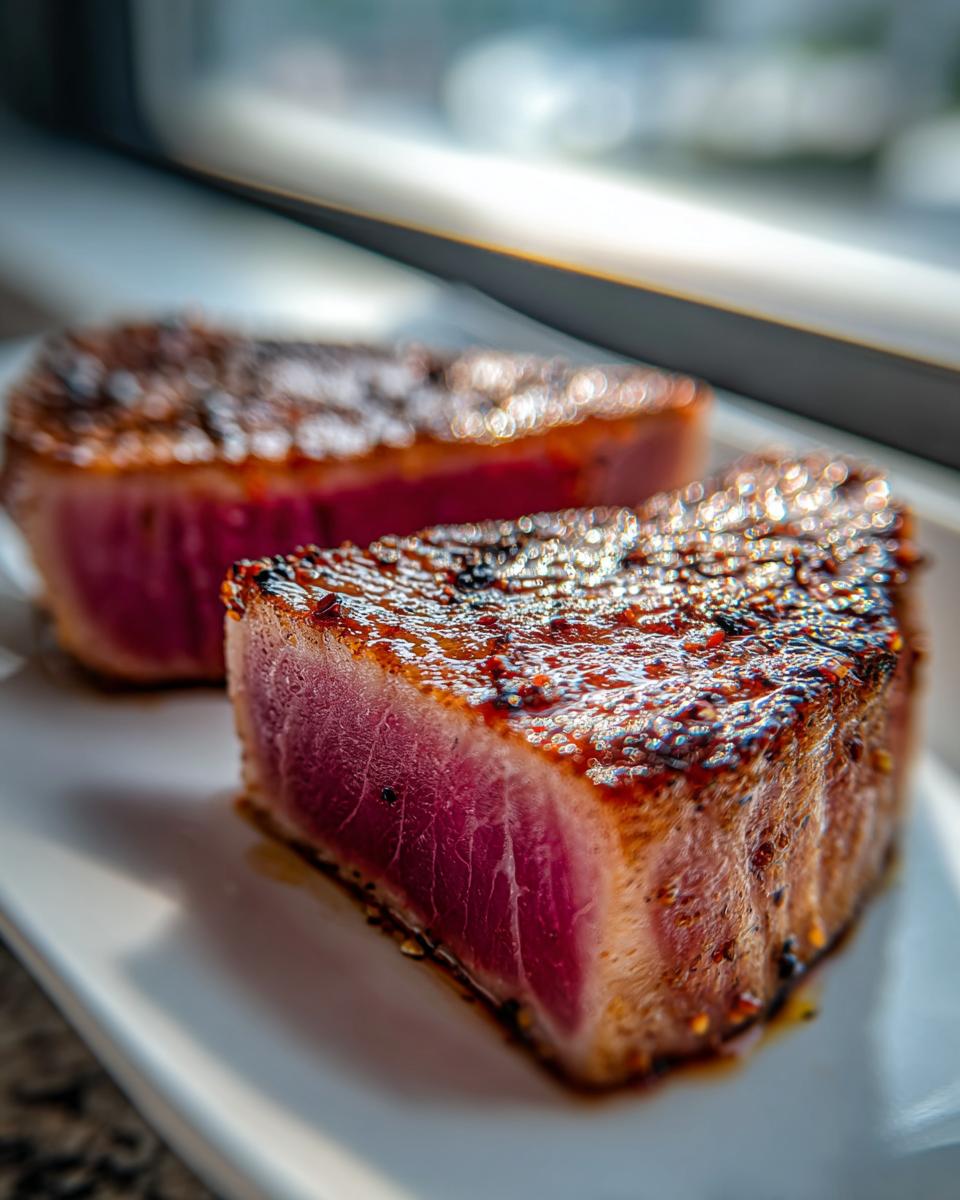 Close-up of two perfectly seared tuna steak halves showing a deep pink, rare center after using the MARINADE FOR TUNA STEAK.