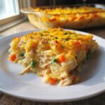 A generous serving of creamy Chicken and rice casserole topped with melted cheddar cheese and parsley.
