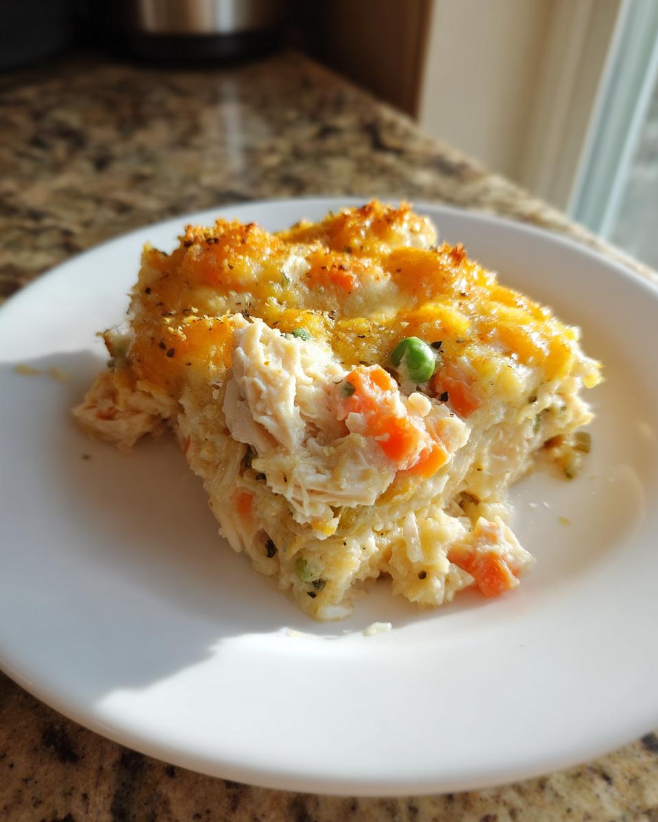 A square serving of creamy chicken and rice casserole topped with melted, browned cheese and visible carrots and peas.