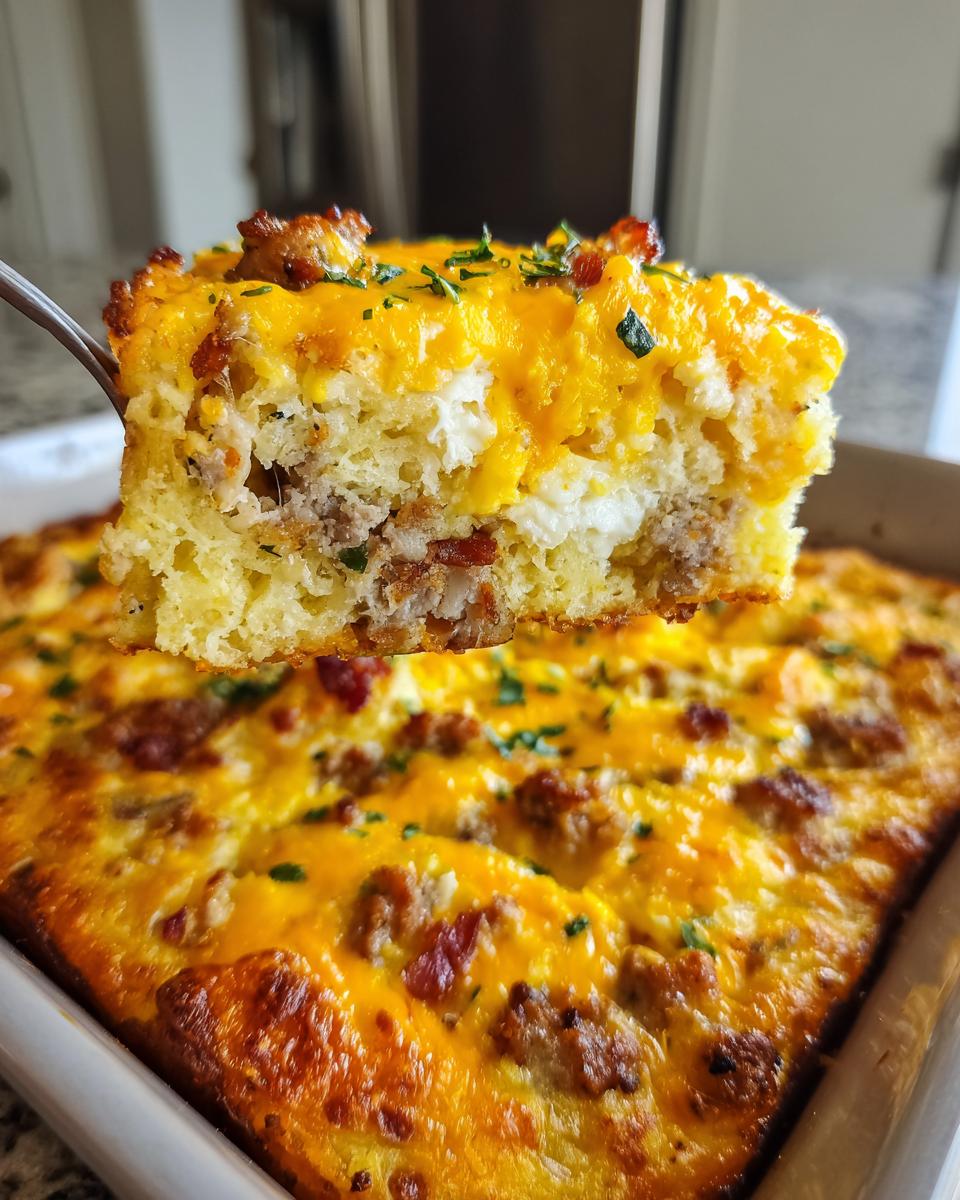 A lifted slice showing the fluffy interior of a tater tot breakfast casserole topped with melted cheese and sausage.