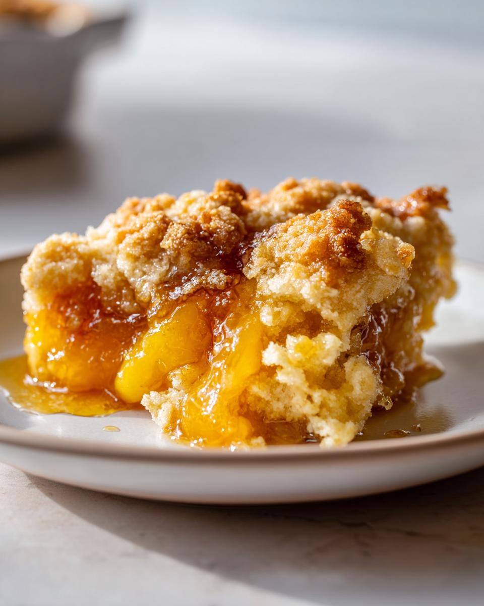 A close-up of a warm serving of Southern Peach cobbler with a crumbly topping and dripping peach filling.