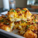 A spoonful of cheesy tater tot breakfast casserole topped with bacon and green onions being lifted from the pan.