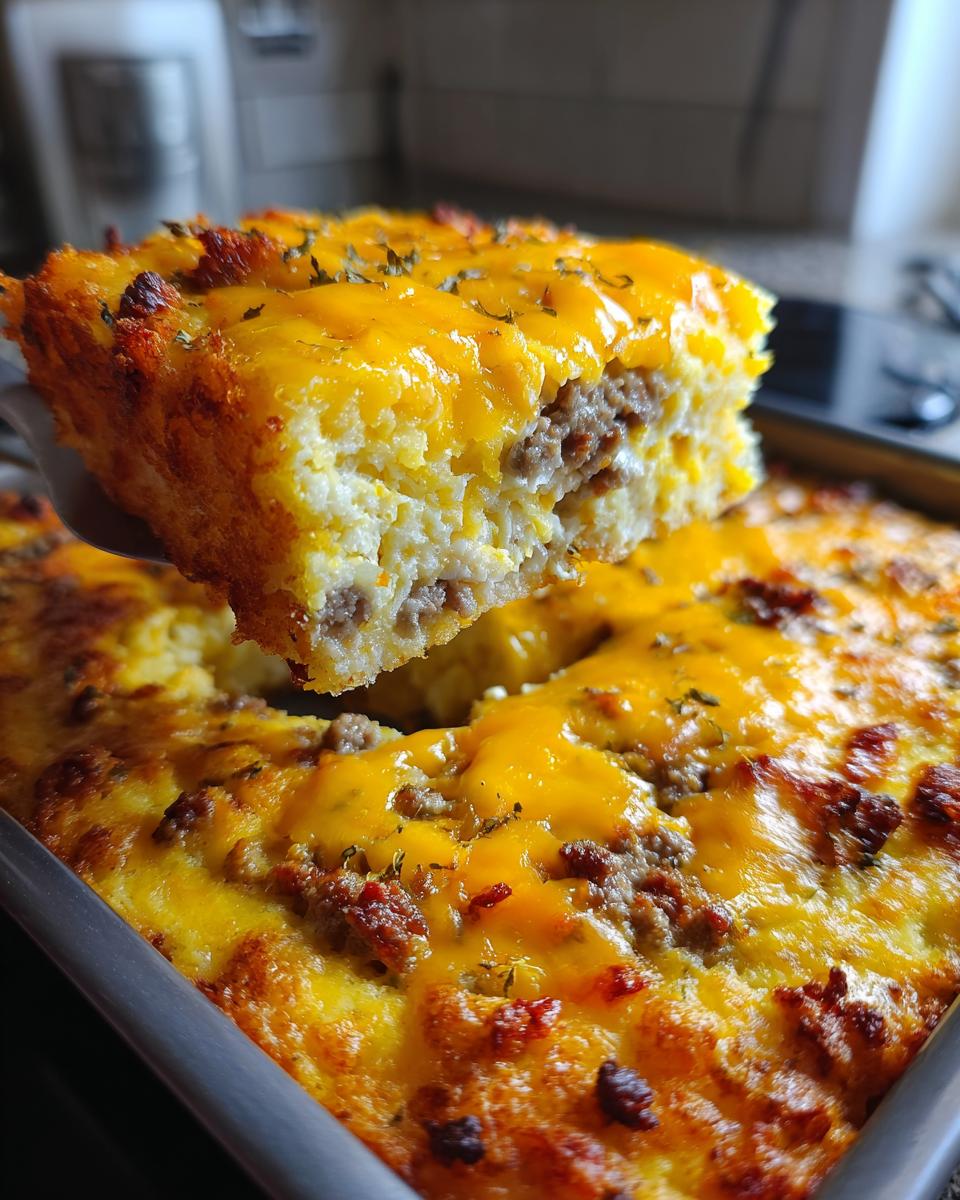 A spatula lifts a square slice of tater tot breakfast casserole topped with melted cheddar cheese and sausage.