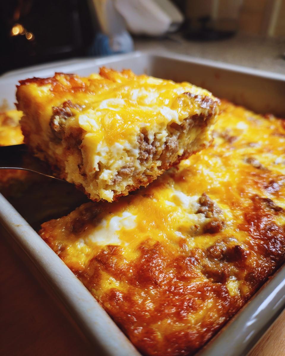 A serving utensil lifts a square piece of cheesy tater tot breakfast casserole from a baking dish.