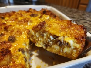 A spatula lifts a square serving of cheesy tater tot breakfast casserole out of a white baking dish.