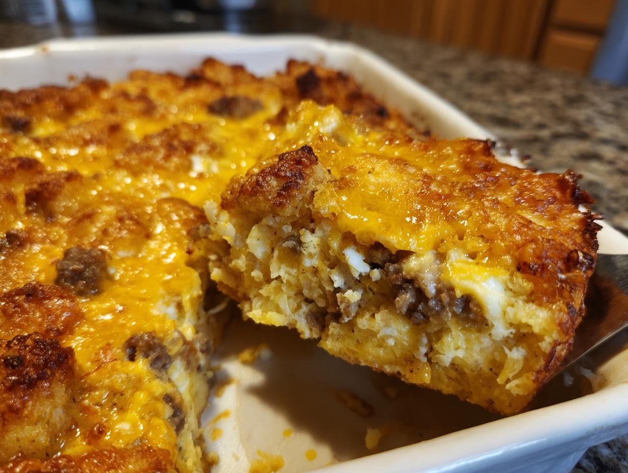 A spatula lifts a square serving of cheesy tater tot breakfast casserole out of a white baking dish.