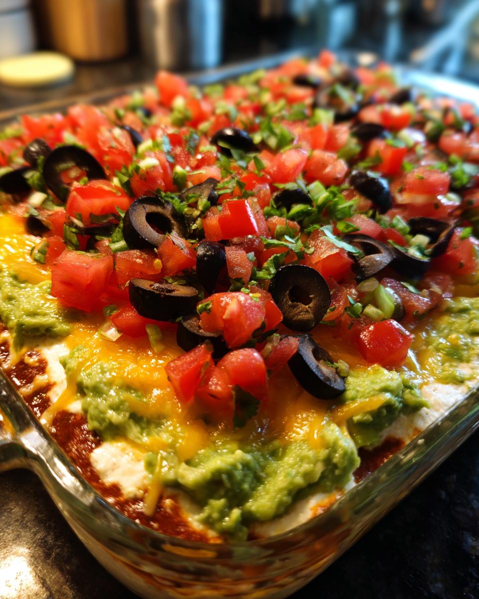 A close-up view of a layered Seven layer dip topped with guacamole, cheese, tomatoes, and black olives.