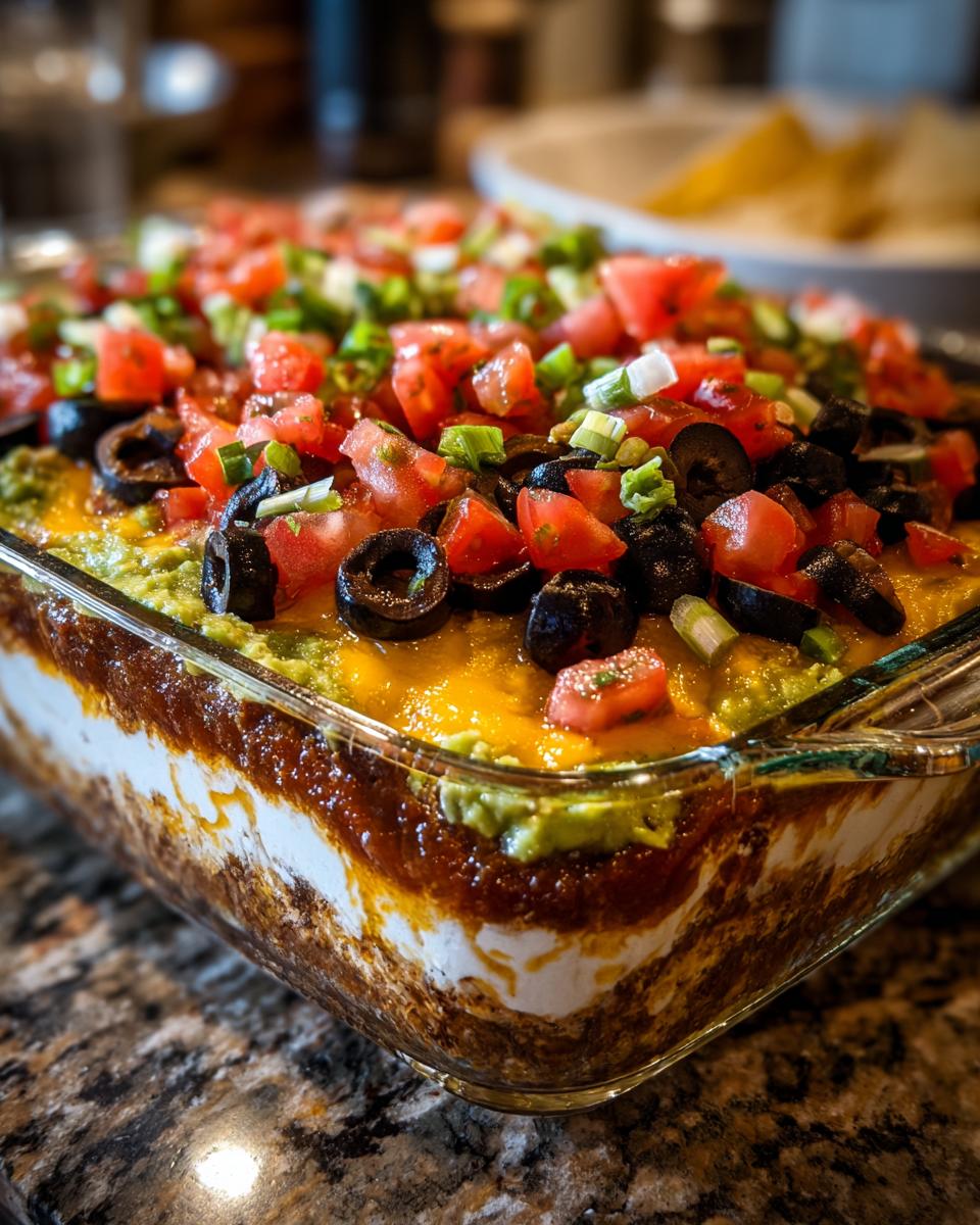A close-up view showing the distinct layers of a freshly made Seven layer dip topped with tomatoes, olives, and green onions.