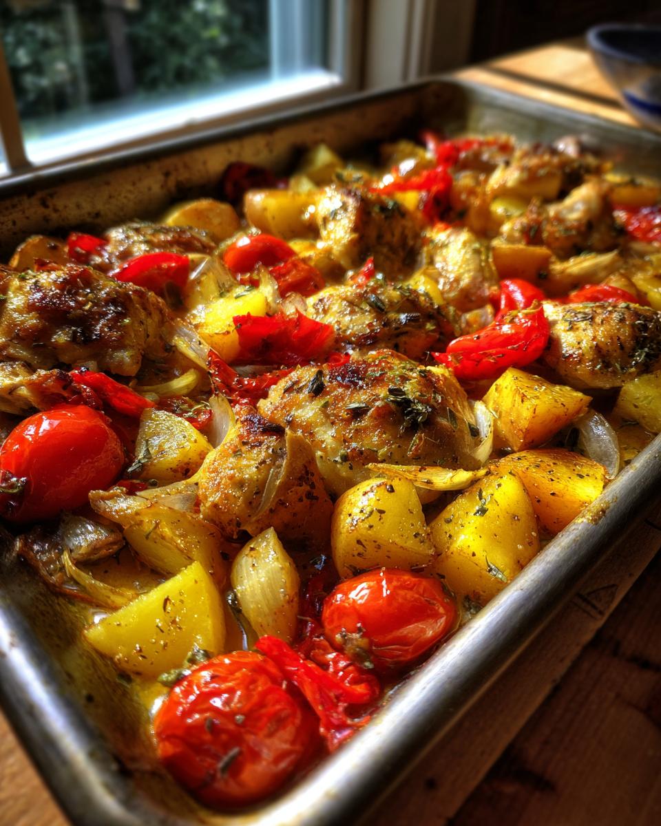 Juicy Greek chicken pieces roasted on a sheet pan with golden potatoes, cherry tomatoes, and onions.