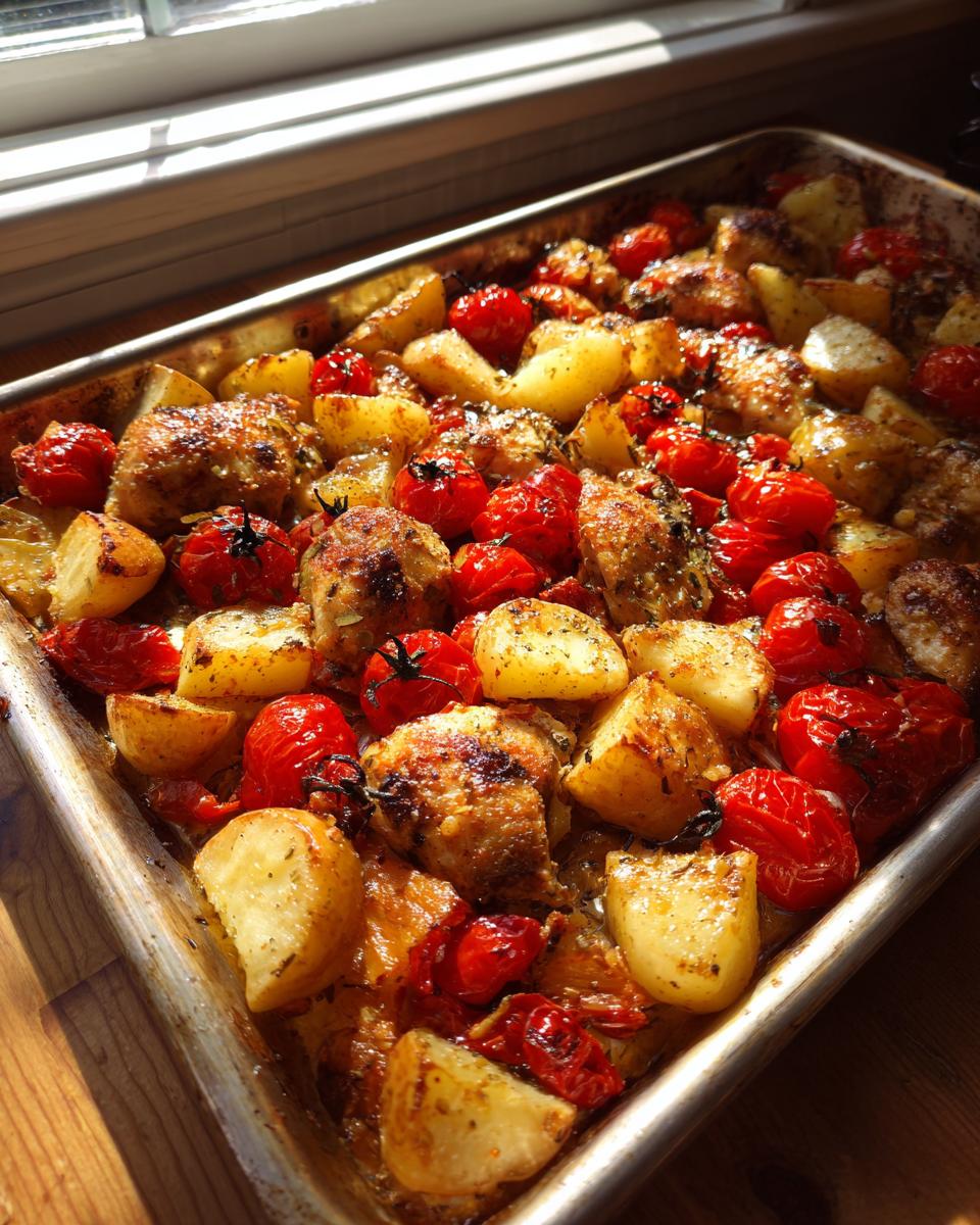Close-up of juicy Greek chicken pieces roasted on a sheet pan with golden potatoes and burst cherry tomatoes.