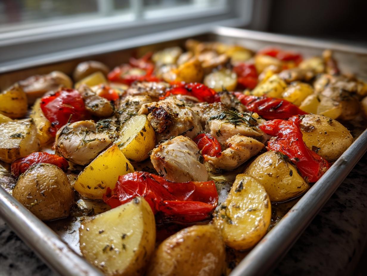 Close-up of juicy Greek chicken pieces roasted on a sheet pan with golden potatoes and bright red peppers.