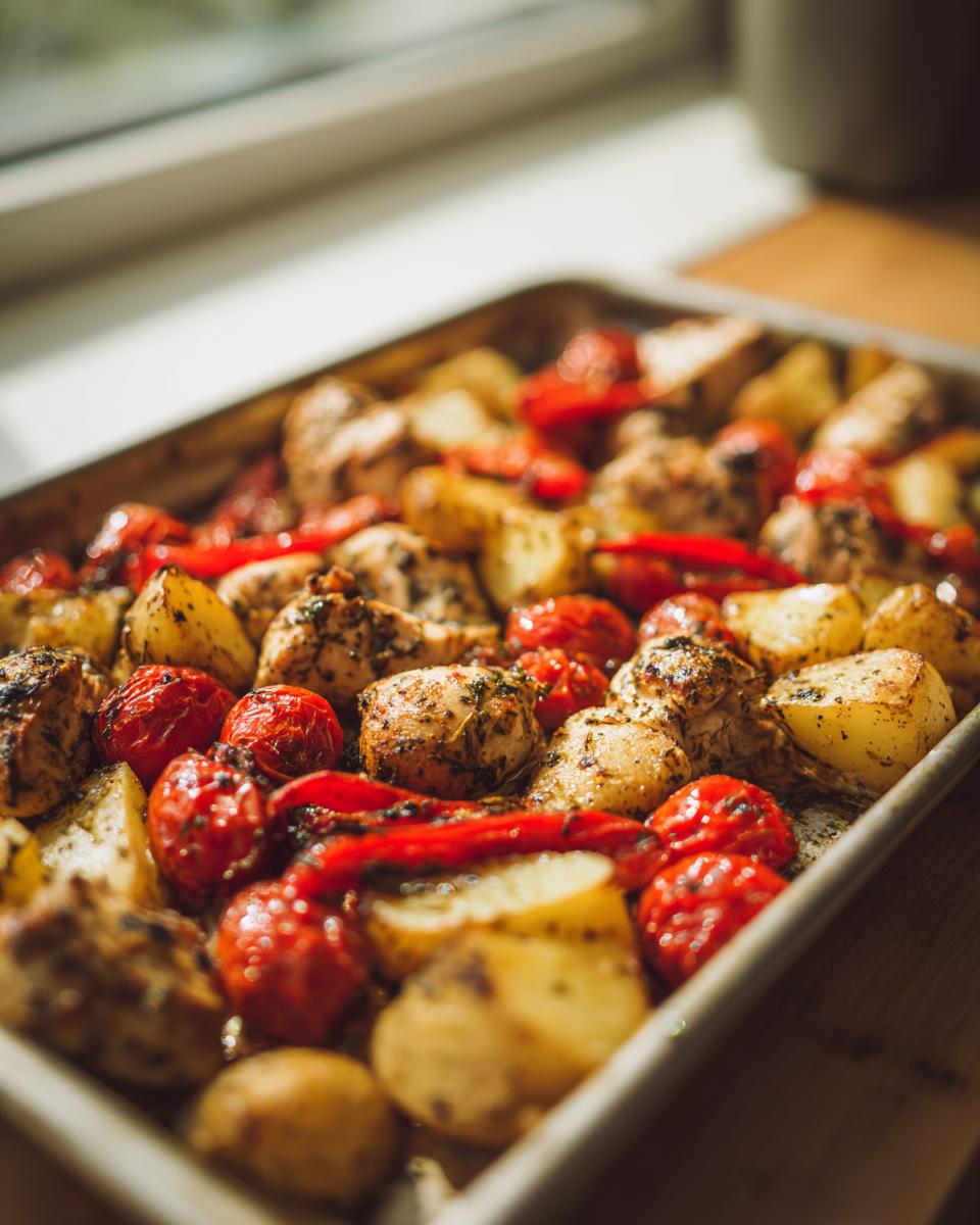 Close-up of juicy greek chicken chunks, roasted potatoes, and blistered cherry tomatoes on a sheet pan.