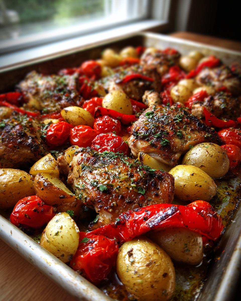 Close-up of juicy greek chicken thighs roasted on a sheet pan with small potatoes, tomatoes, and red peppers.