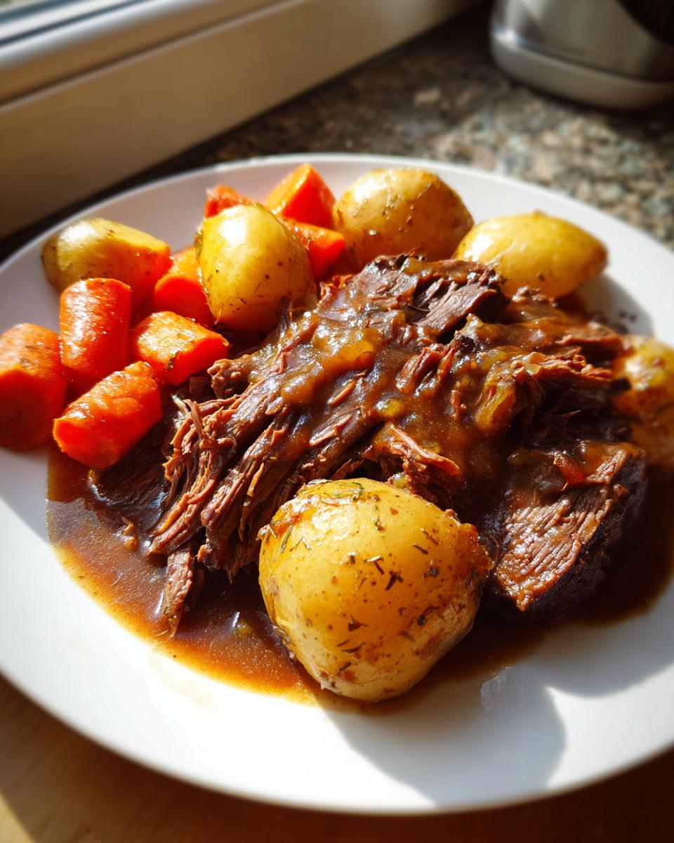 A plate featuring tender, shredded slow cooker pot roast covered in rich gravy, served with whole seasoned potatoes and chopped carrots.