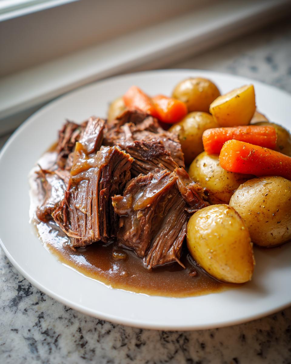A plate of tender, shredded slow cooker pot roast served with small roasted potatoes and carrots in rich gravy.