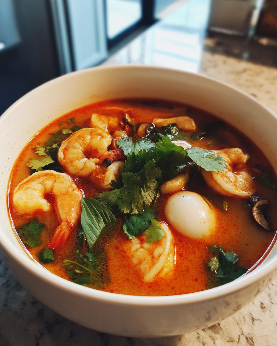Close-up of a white bowl filled with rich, orange Tom Yum soup featuring large shrimp, mushrooms, and fresh cilantro.
