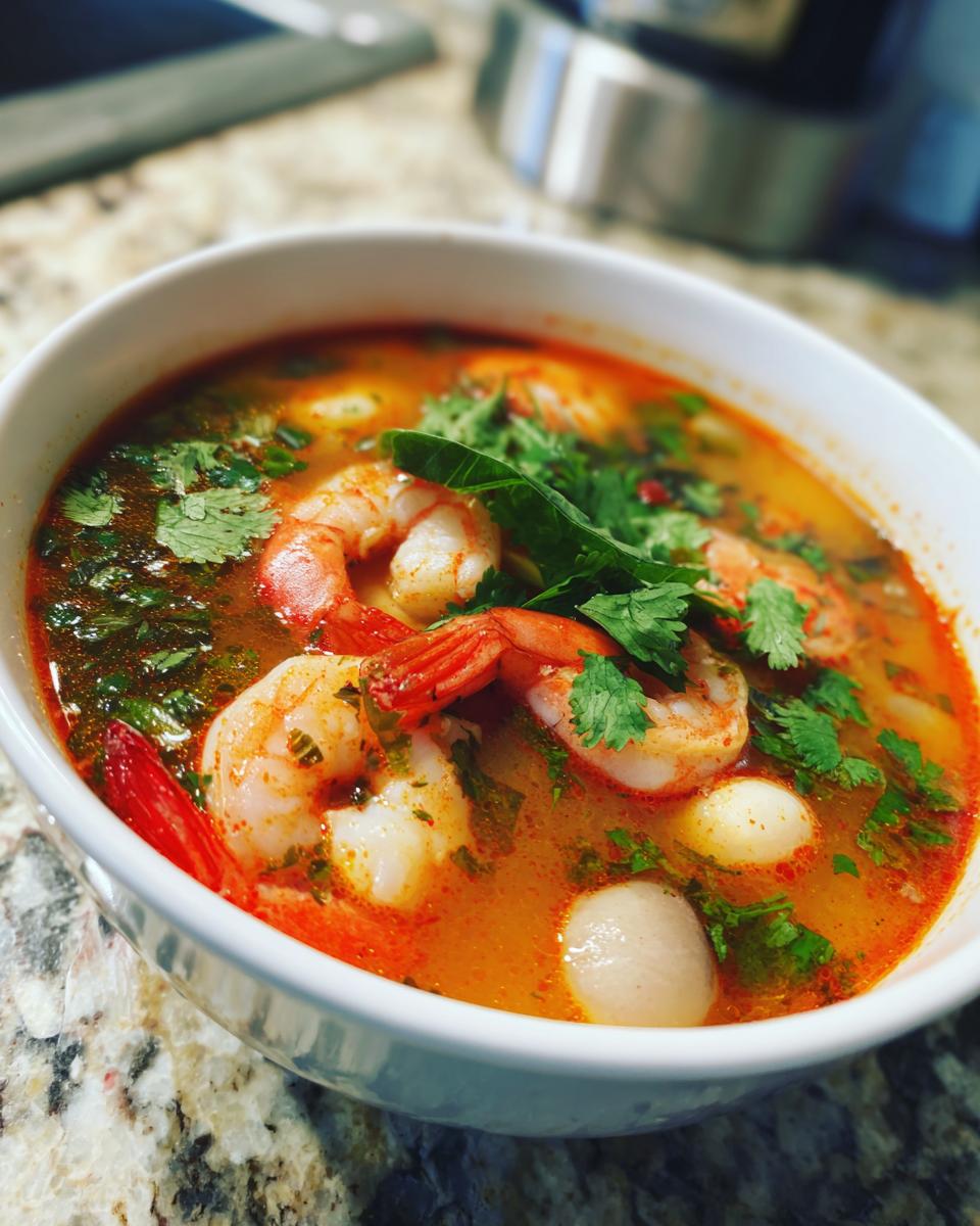Close-up of a white bowl filled with bright orange Tom Yum soup, featuring large pink shrimp and fresh cilantro.