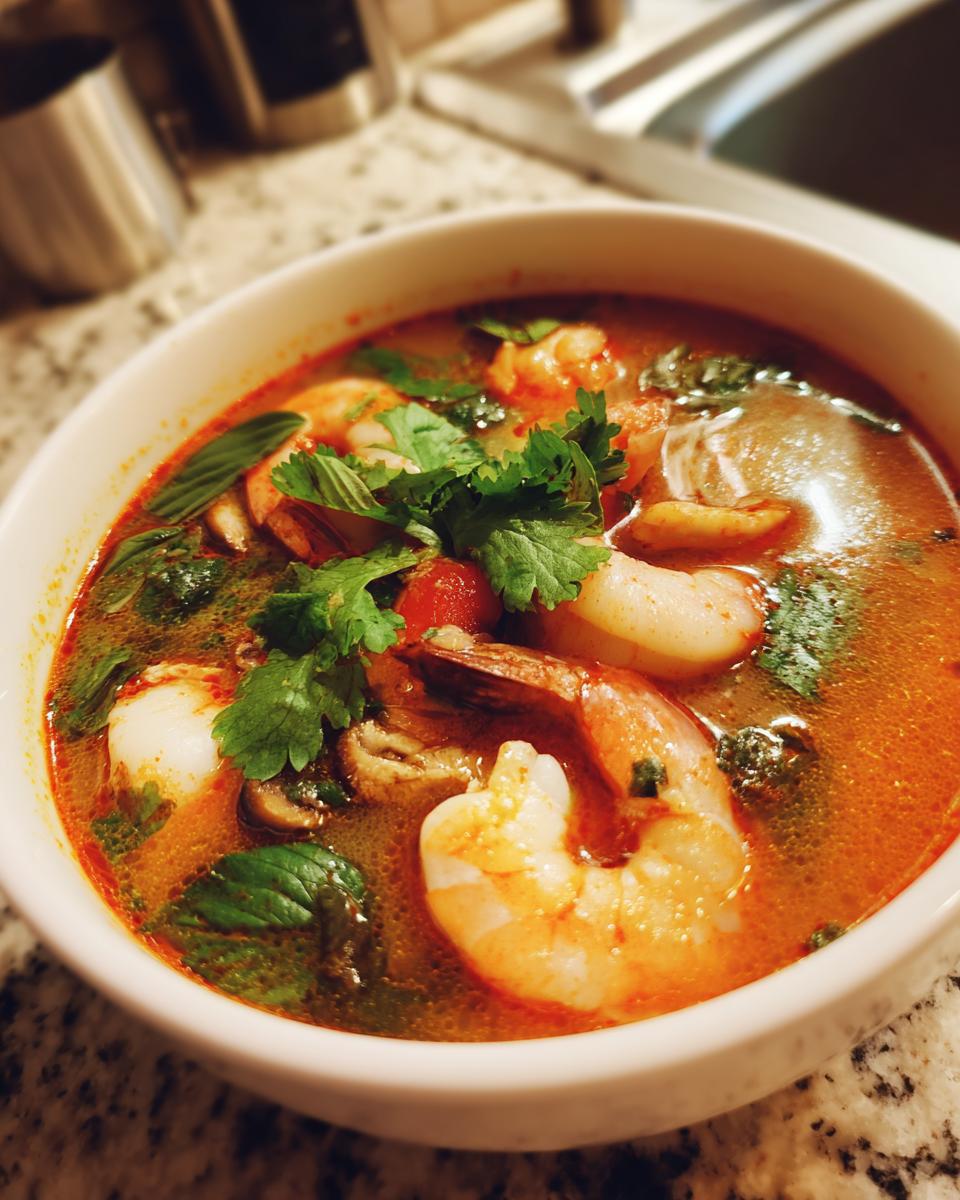 A close-up of a white bowl filled with vibrant orange Tom Yum soup, featuring large shrimp, mushrooms, and fresh cilantro garnish.