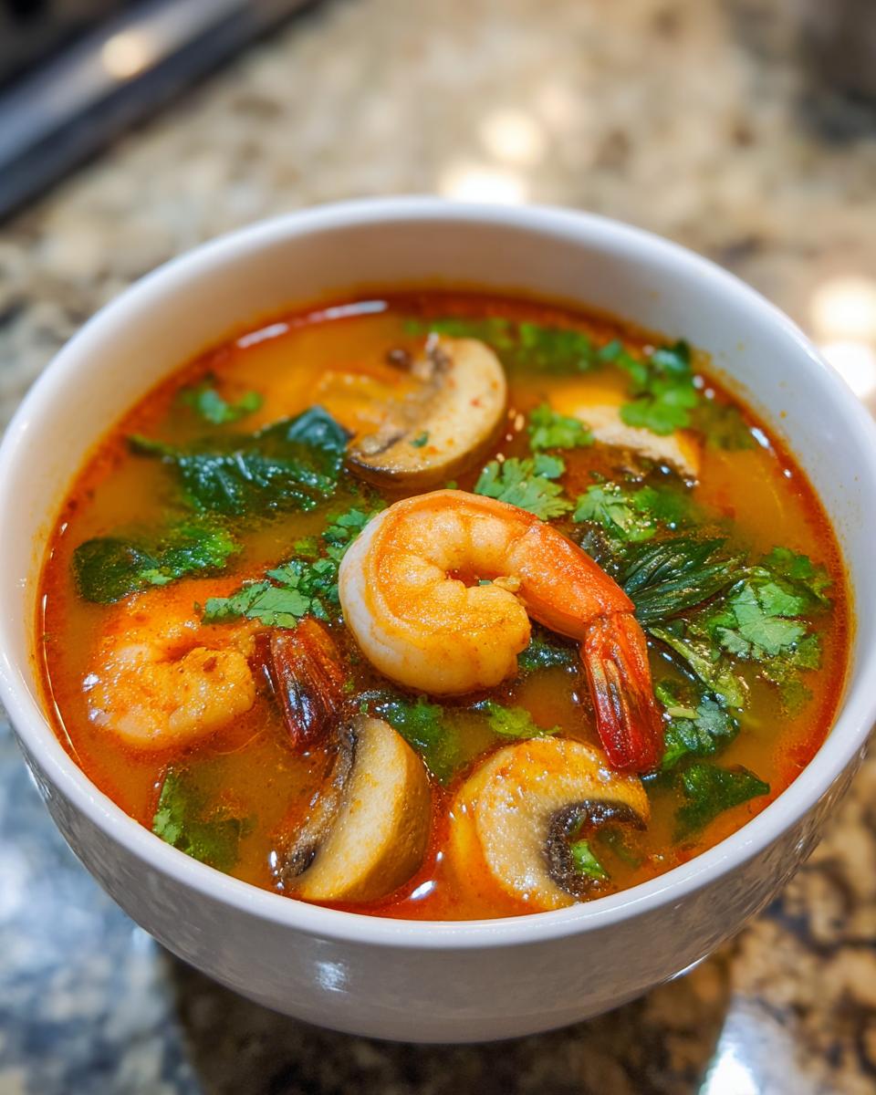 A close-up of a white bowl filled with vibrant orange Tom Yum soup, featuring large shrimp, sliced mushrooms, and fresh cilantro.