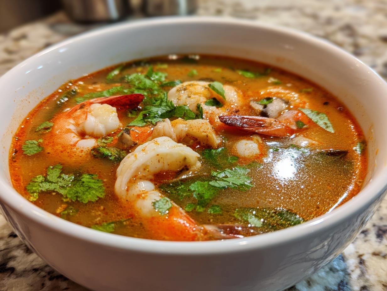 A close-up shot of a white bowl filled with vibrant orange-red Tom Yum soup, featuring large shrimp and fresh cilantro.