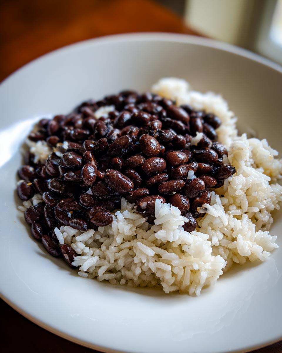 Close-up of a serving of black beans and rice, featuring glossy black beans piled over fluffy white rice in a white bowl.
