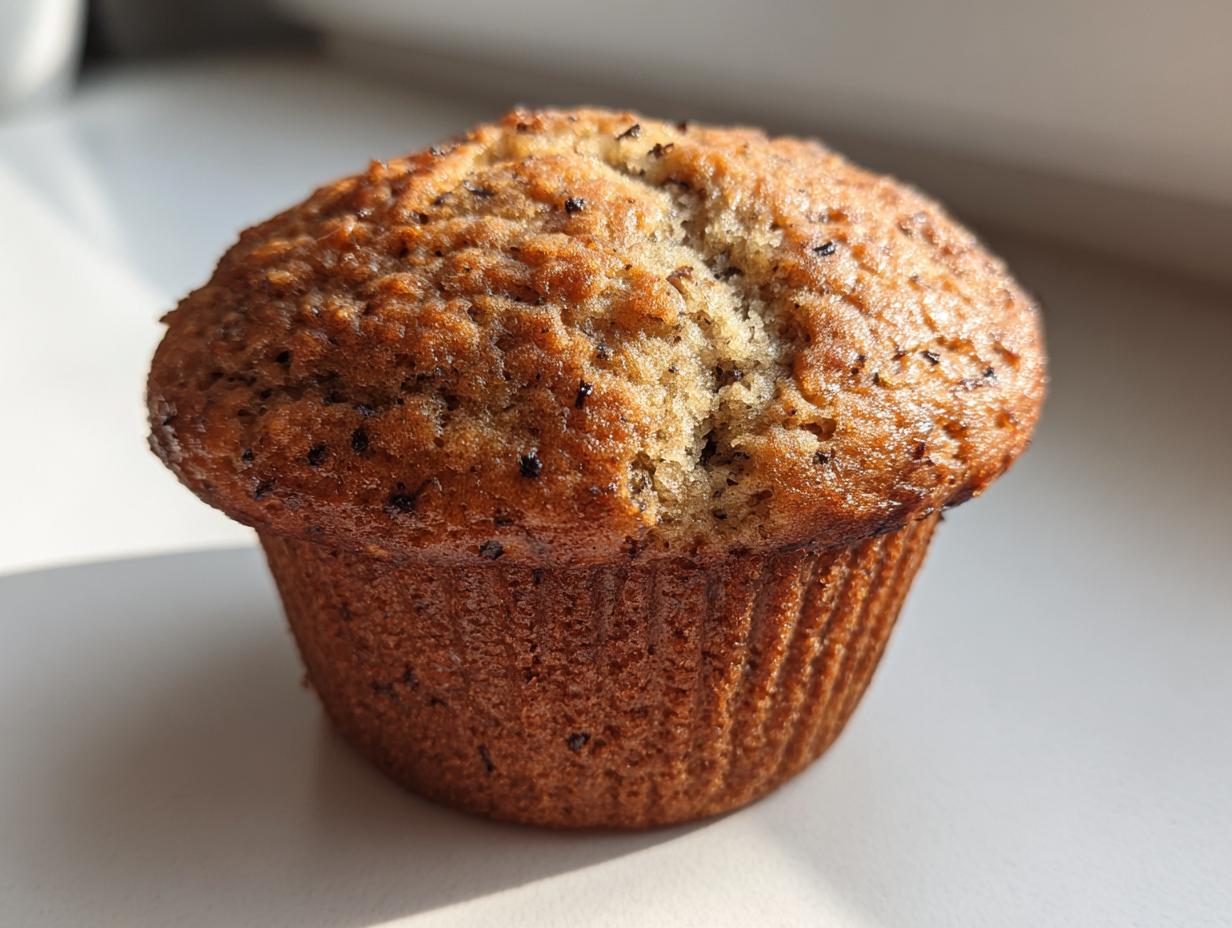 A single, golden-brown banana nut muffin with a domed, slightly cracked top, sitting on a white surface.