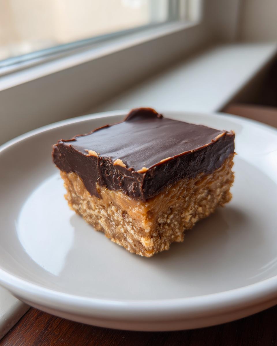 A close-up of a single square of rich peanut butter bars with a thick chocolate topping on a white plate.