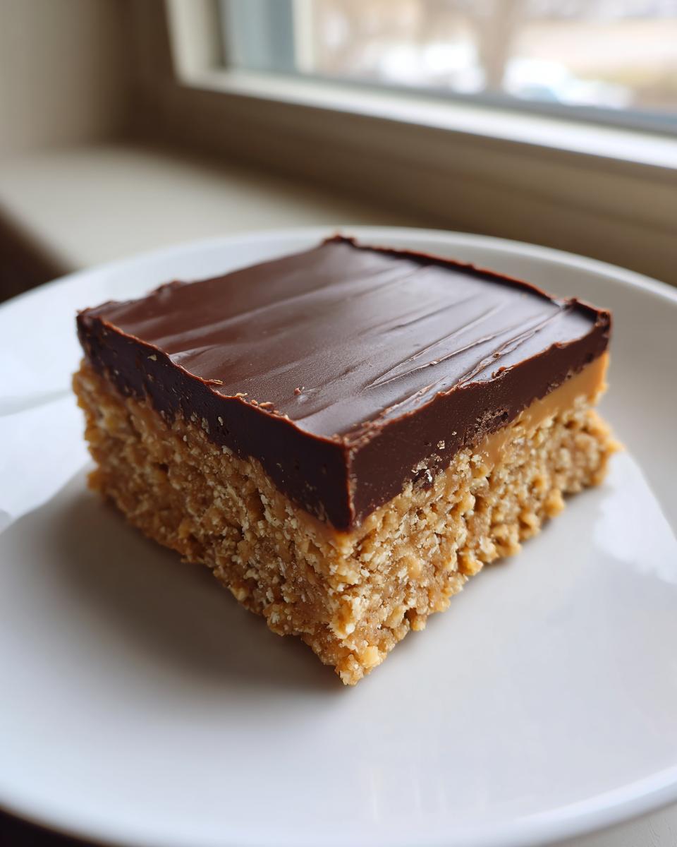 A thick, square serving of no-bake peanut butter bars topped with smooth chocolate ganache.