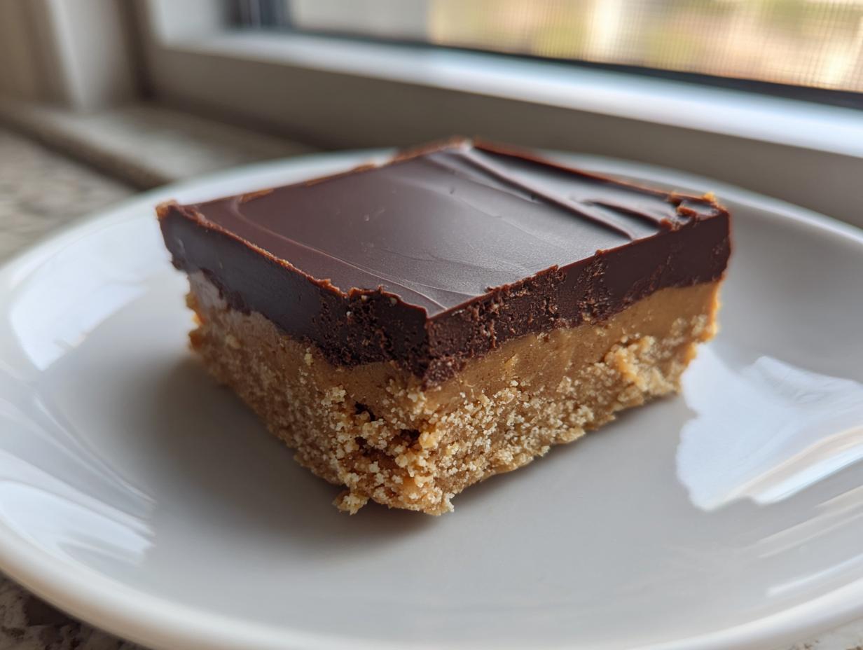 A single square of rich peanut butter bars with a crumbly base, creamy middle, and chocolate topping on a white plate.