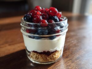 Close-up of a single serving Protein Cheesecake layered in a small glass jar, topped with mixed berries.