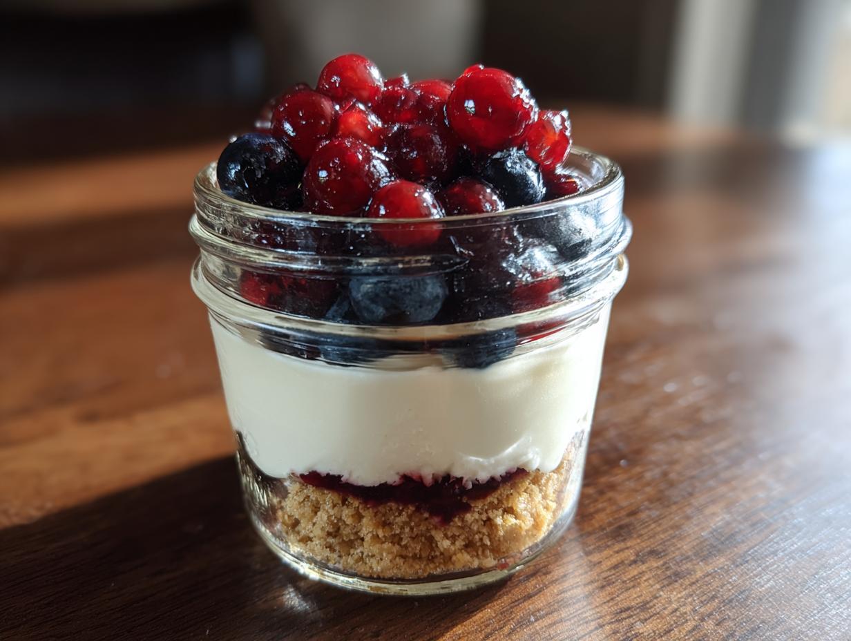 Close-up of a single serving Protein Cheesecake layered in a small glass jar, topped with mixed berries.