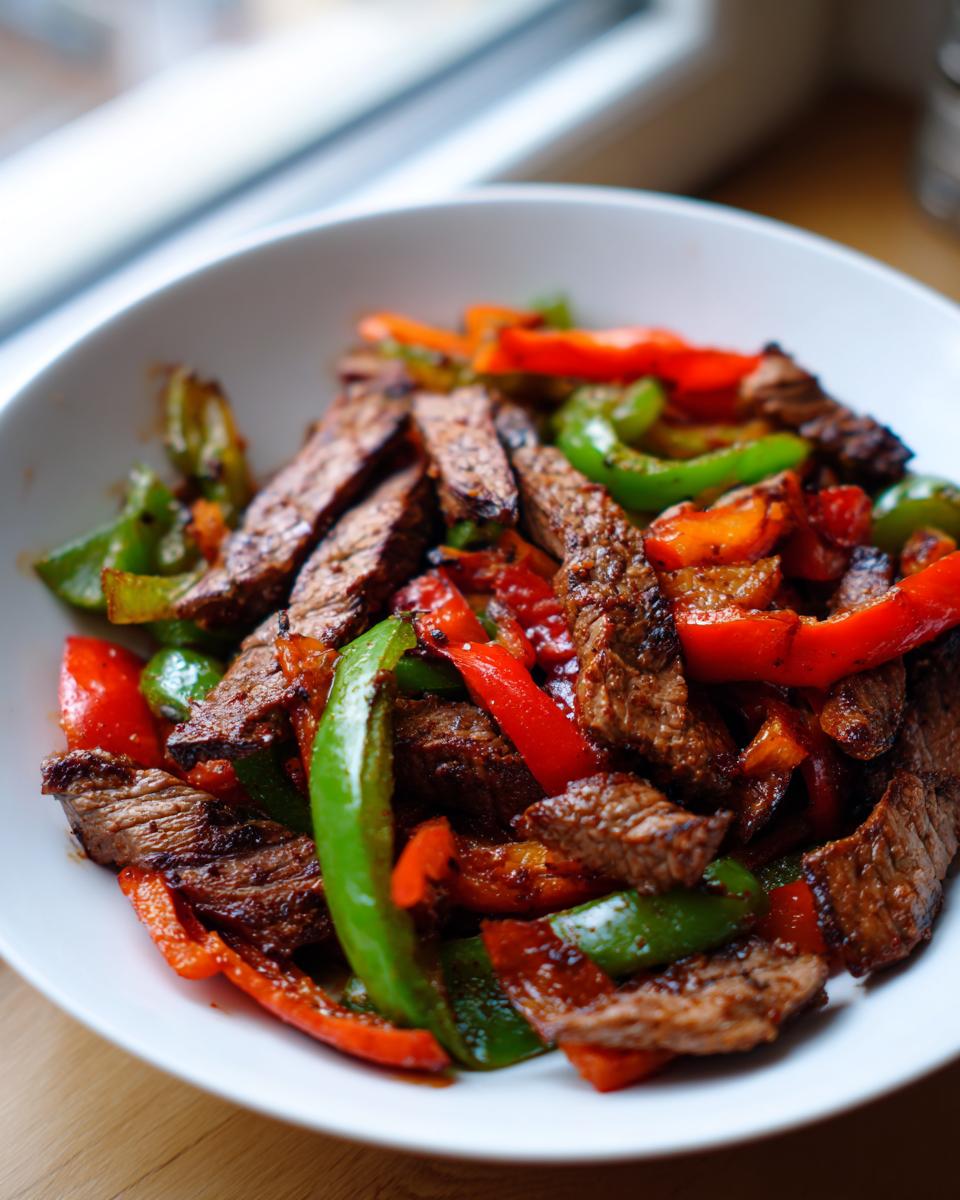 Close-up of perfectly cooked steak fajitas featuring sliced steak mixed with vibrant red and green bell peppers.