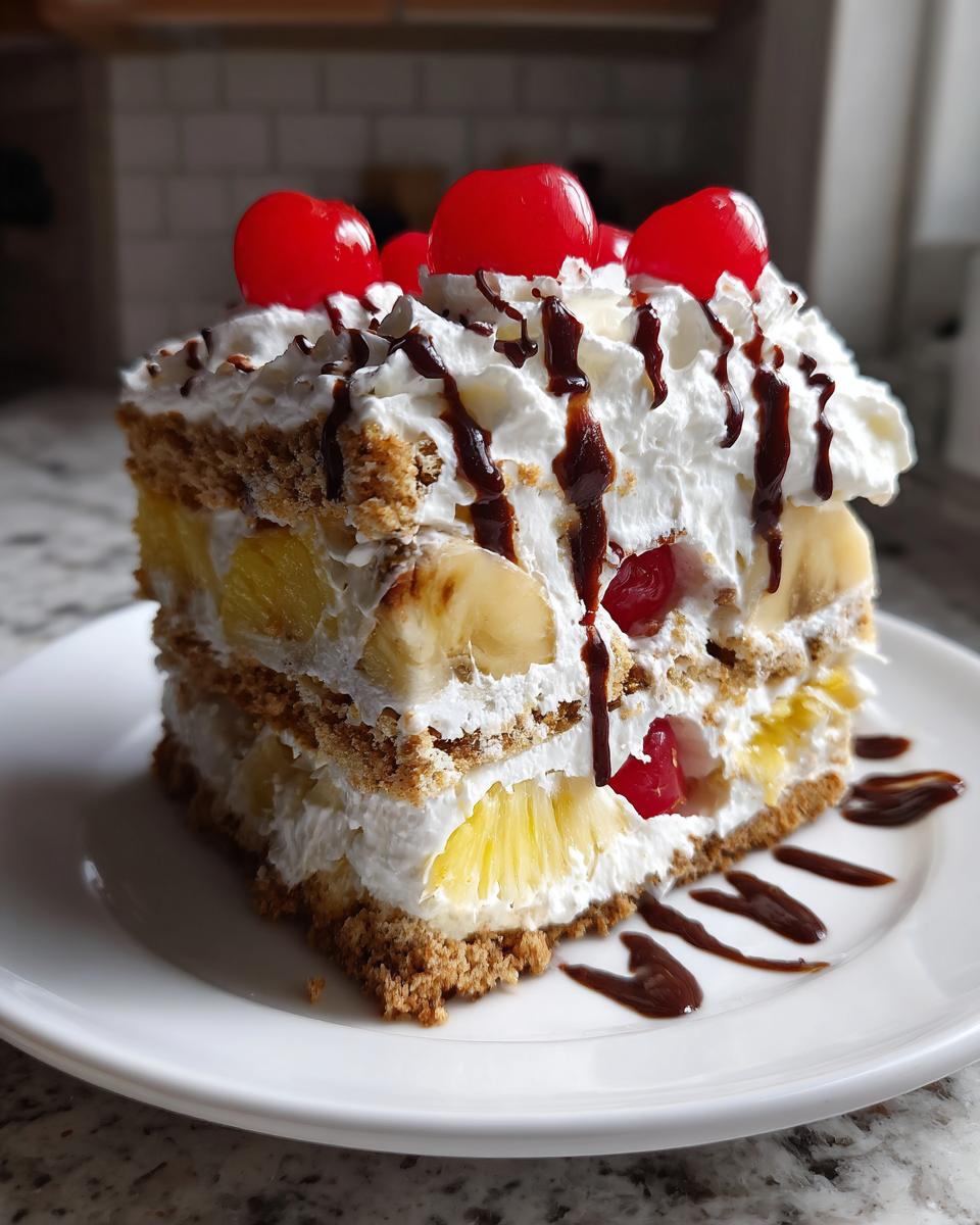 A thick slice of layered banana split cake featuring graham cracker crust, cream, bananas, pineapple, topped with whipped cream and maraschino cherries.