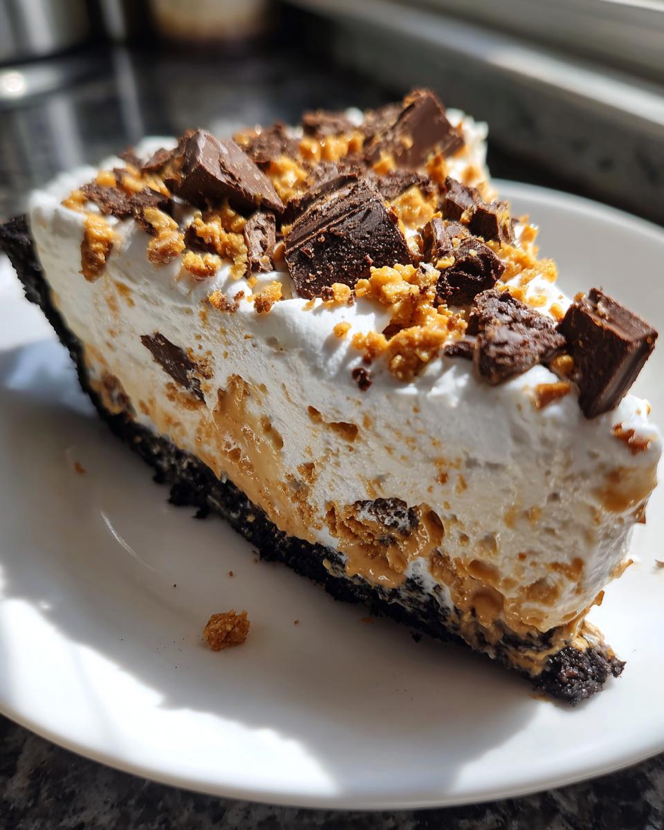 A thick slice of butterfinger pie with a dark crust, creamy peanut butter filling, and whipped topping sprinkled with crushed Butterfinger pieces.