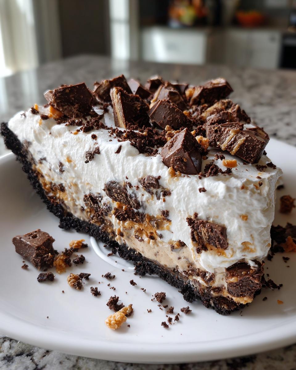 A generous slice of rich butterfinger pie with a dark crust, creamy filling, and topped with chopped candy pieces.
