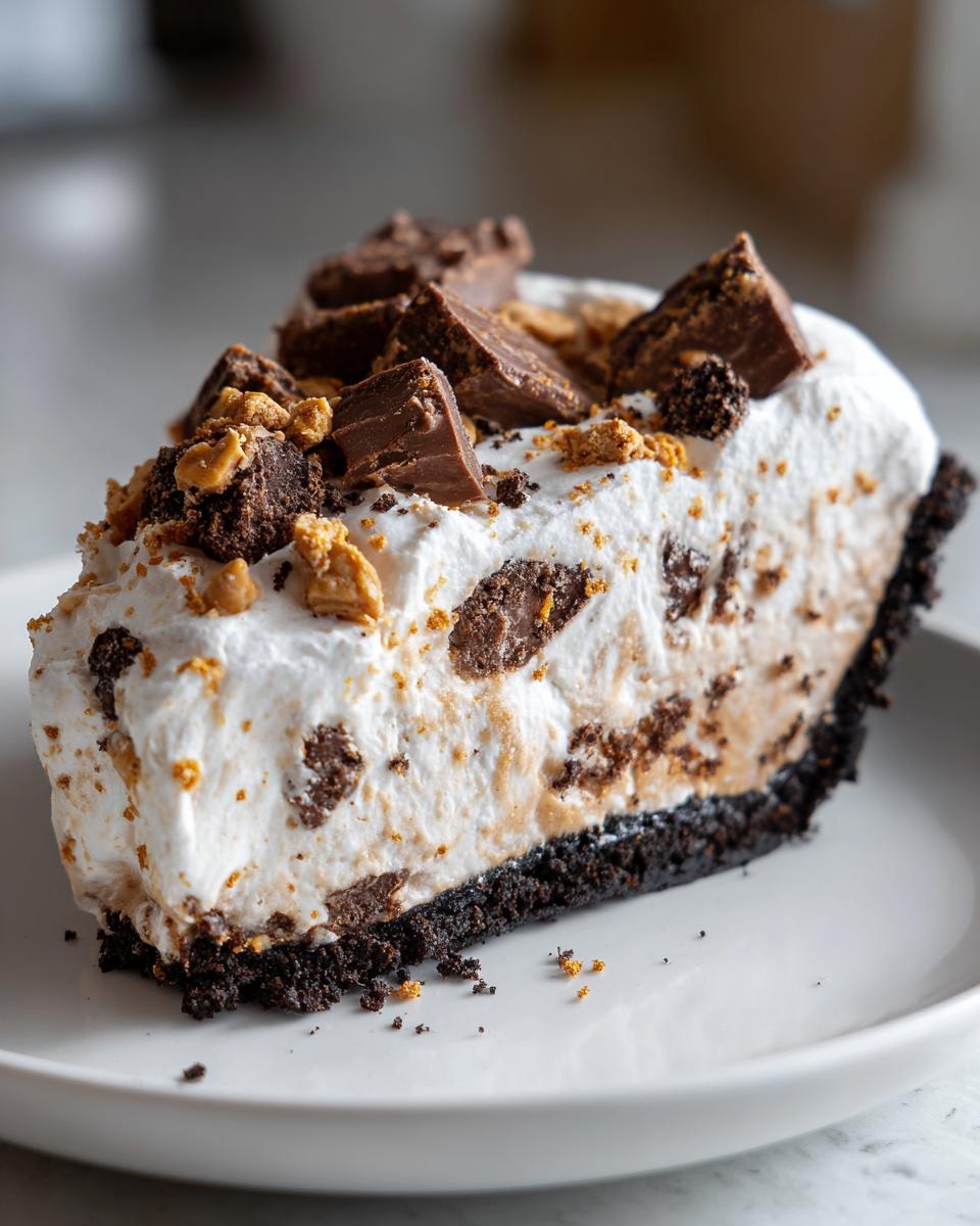 A close-up slice of rich, creamy butterfinger pie with a dark crust, topped with whipped cream and chopped candy pieces.
