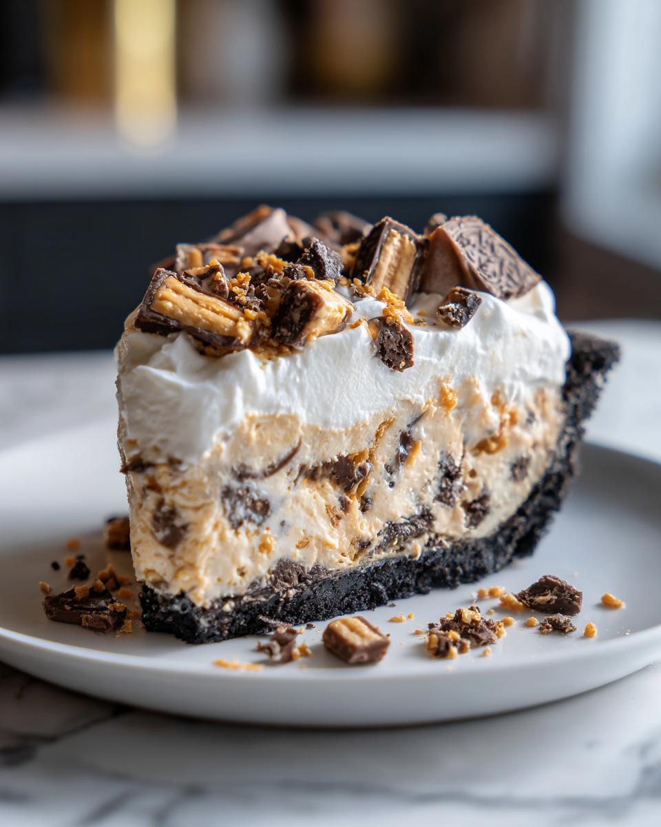 A tall slice of rich butterfinger pie with a dark crust, creamy filling, whipped topping, and chopped candy pieces.