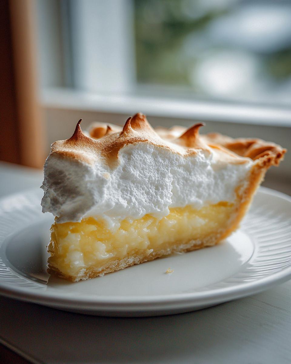 A tall slice of buttermilk pie featuring a creamy yellow filling and a thick, toasted meringue topping.