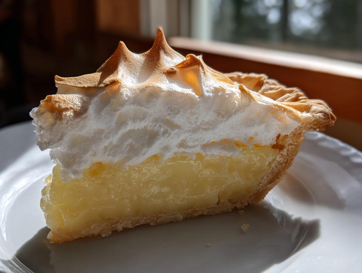 A close-up slice of buttermilk pie featuring a creamy yellow filling and a tall, toasted meringue topping.