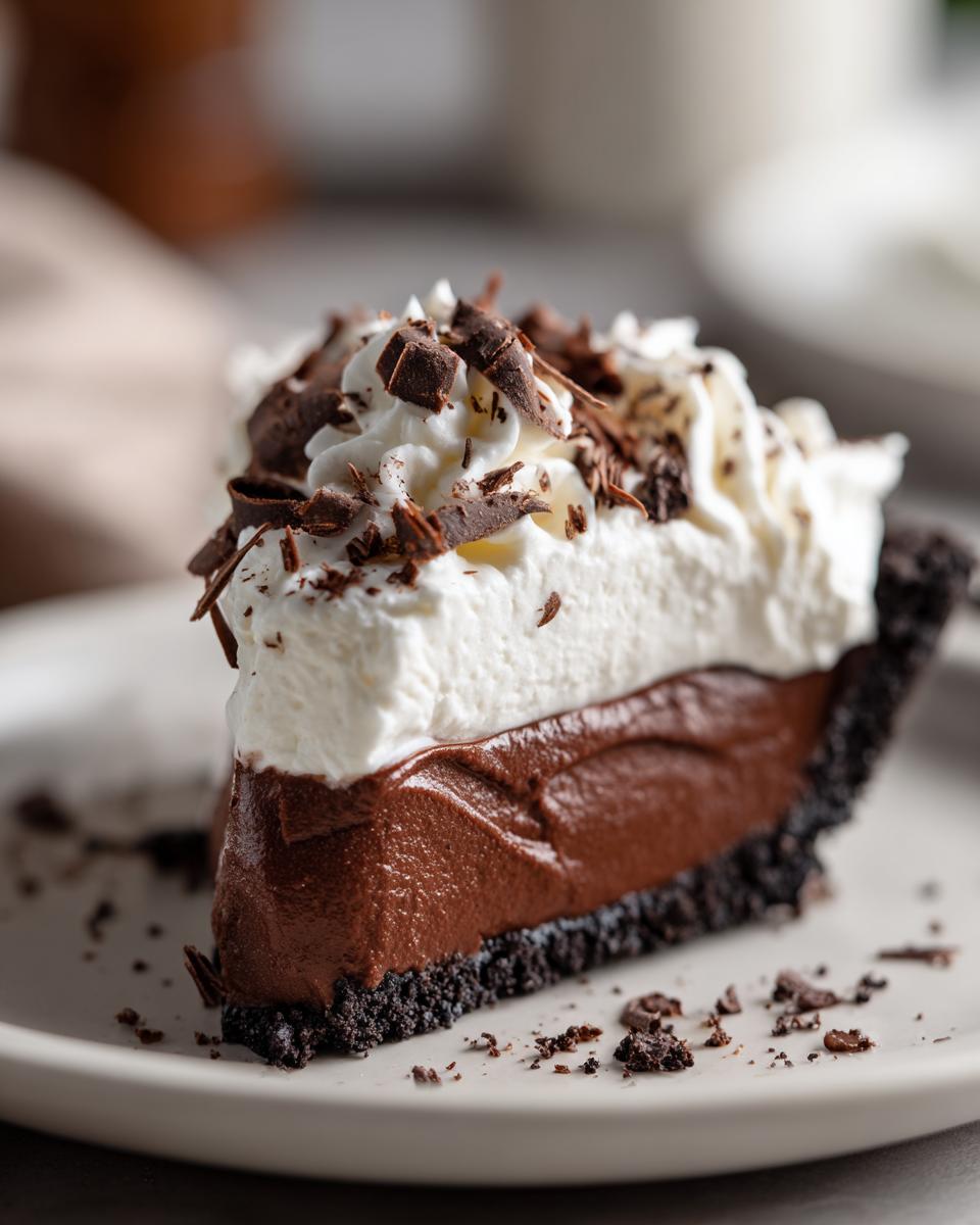 A decadent slice of Christmas chocolate cream pie featuring a dark crust, rich chocolate filling, and topped with whipped cream and chocolate shavings.