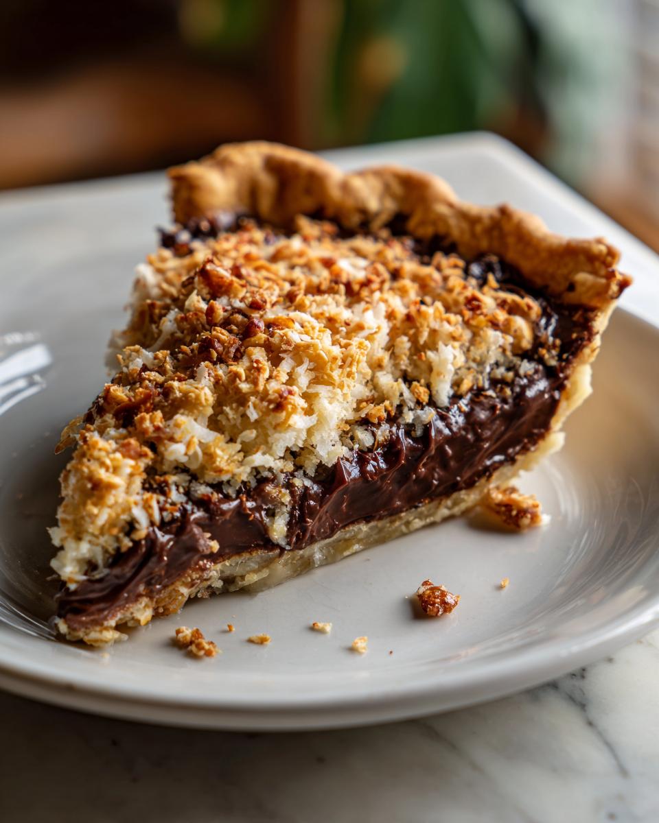 A close-up of a rich slice of german chocolate pie showing the dark chocolate filling and toasted coconut pecan topping.