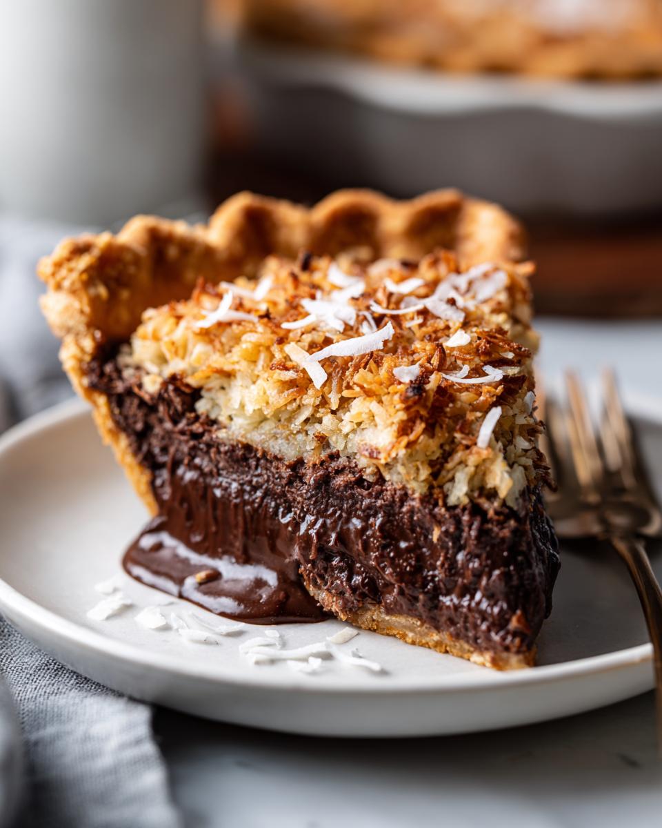 A decadent slice of German chocolate pie showing a rich, gooey chocolate filling and a toasted coconut pecan topping.
