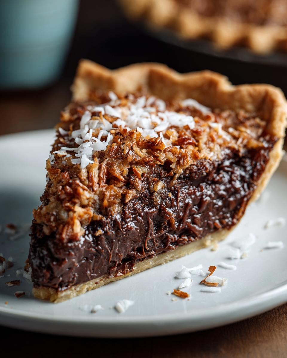 A close-up of a slice of german chocolate pie showing a dark chocolate filling and a toasted coconut pecan topping.