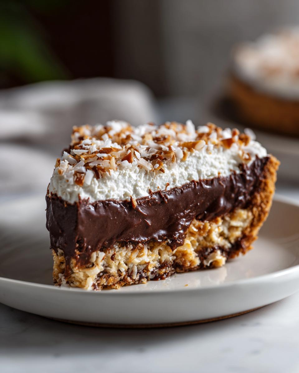 Close-up of a rich slice of german chocolate pie showing layers of coconut crust, chocolate filling, whipped cream, and toasted coconut.