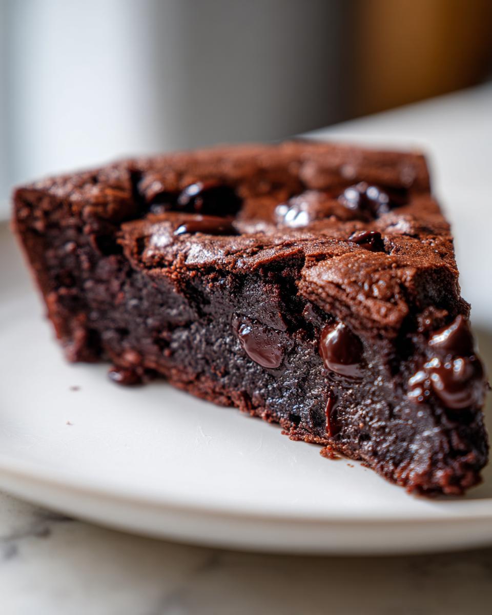 Close-up of a dense, fudgy slice of hot fudge pie topped with glossy, melted chocolate chips.
