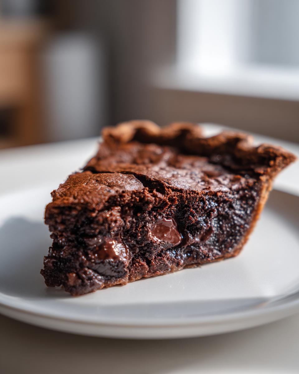 Close-up of a decadent slice of hot fudge pie showing a fudgy interior and melted chocolate chips.