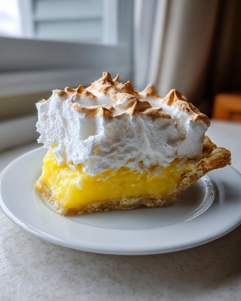 A tall slice of lemon meringue pie showing bright yellow filling and fluffy, browned meringue topping.
