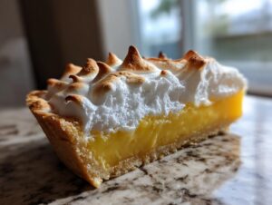 Close-up of a slice of lemon meringue pie showing the golden crust, bright yellow filling, and tall, toasted meringue peaks.
